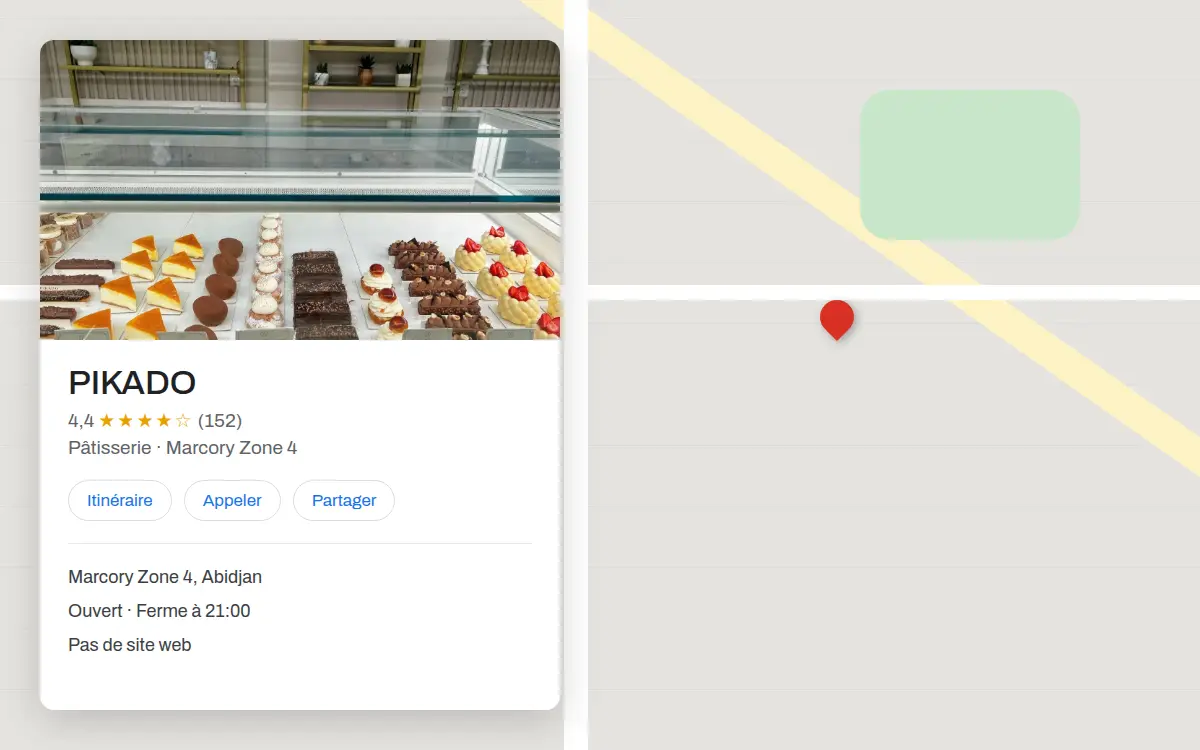 Avant : la fiche Google Maps de la pâtisserie Pikado, avec la mention « Pas de site web ».